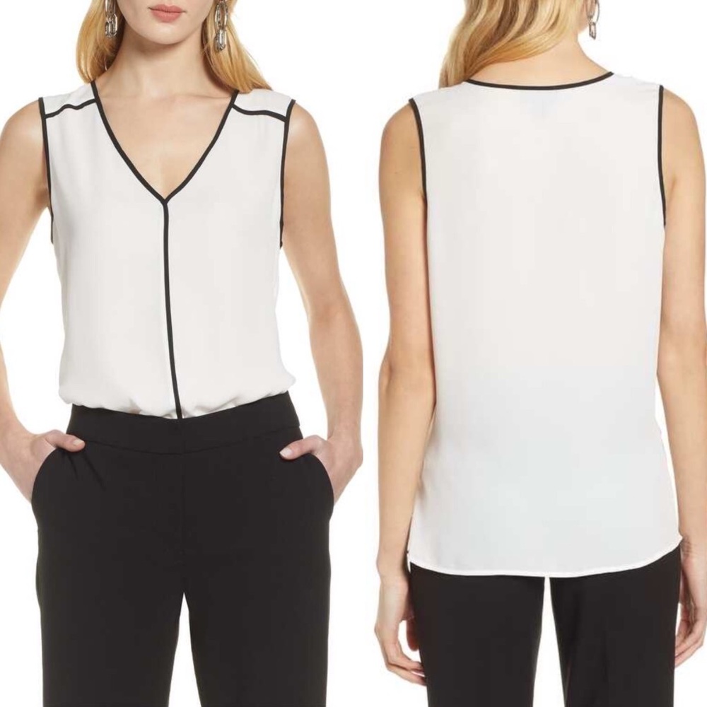 Halogen White Sleeveless Contrast Black Trim Blouse Top Sz XS